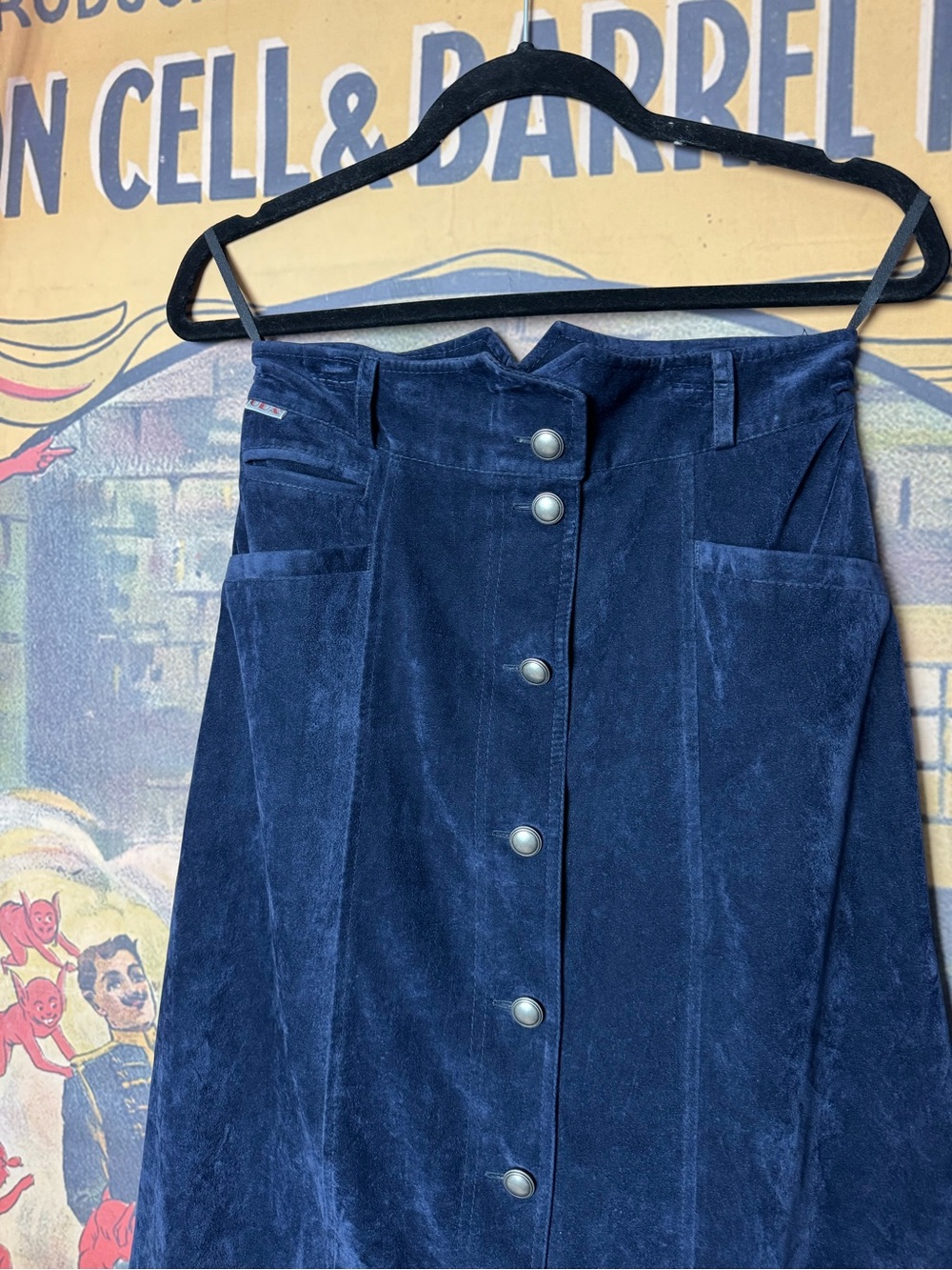 Oda Of Norway 
1970s vintage 
Navy Blue Suede Button-Front Maxi Skirt